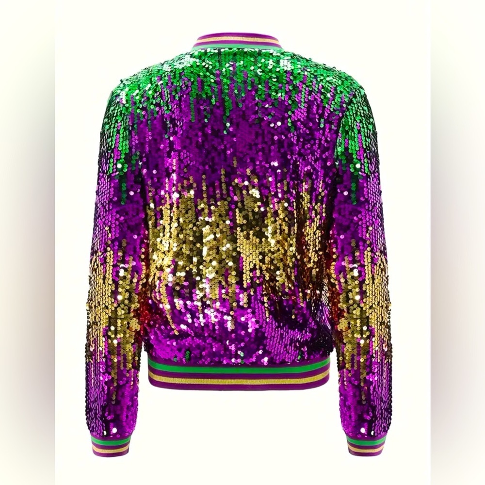 Mardi Gras Sequin Zip Up Colorblock Jacket - Picture 4 of 7